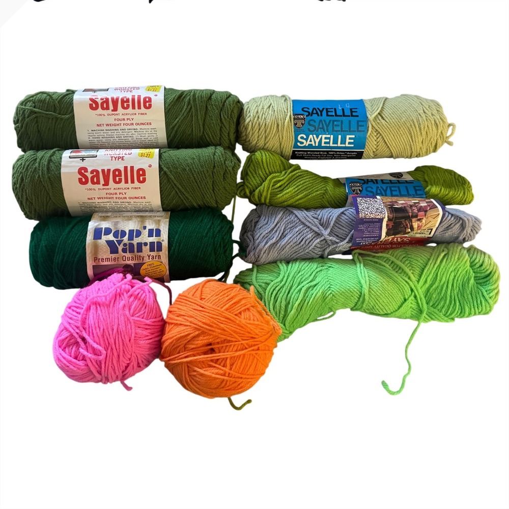 Vintage Sayelle Pop n Yarn Acrylic Worsted‎ Lot Green Pink Orange Grey 9pc